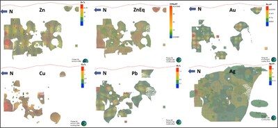 Figure 1.3 Longitudinal section along the mineralized zone (looking east) illustrating the distribution of precious and base metals and a consistent high-grade extension to the NW. (CNW Group/Blue Moon Metals)