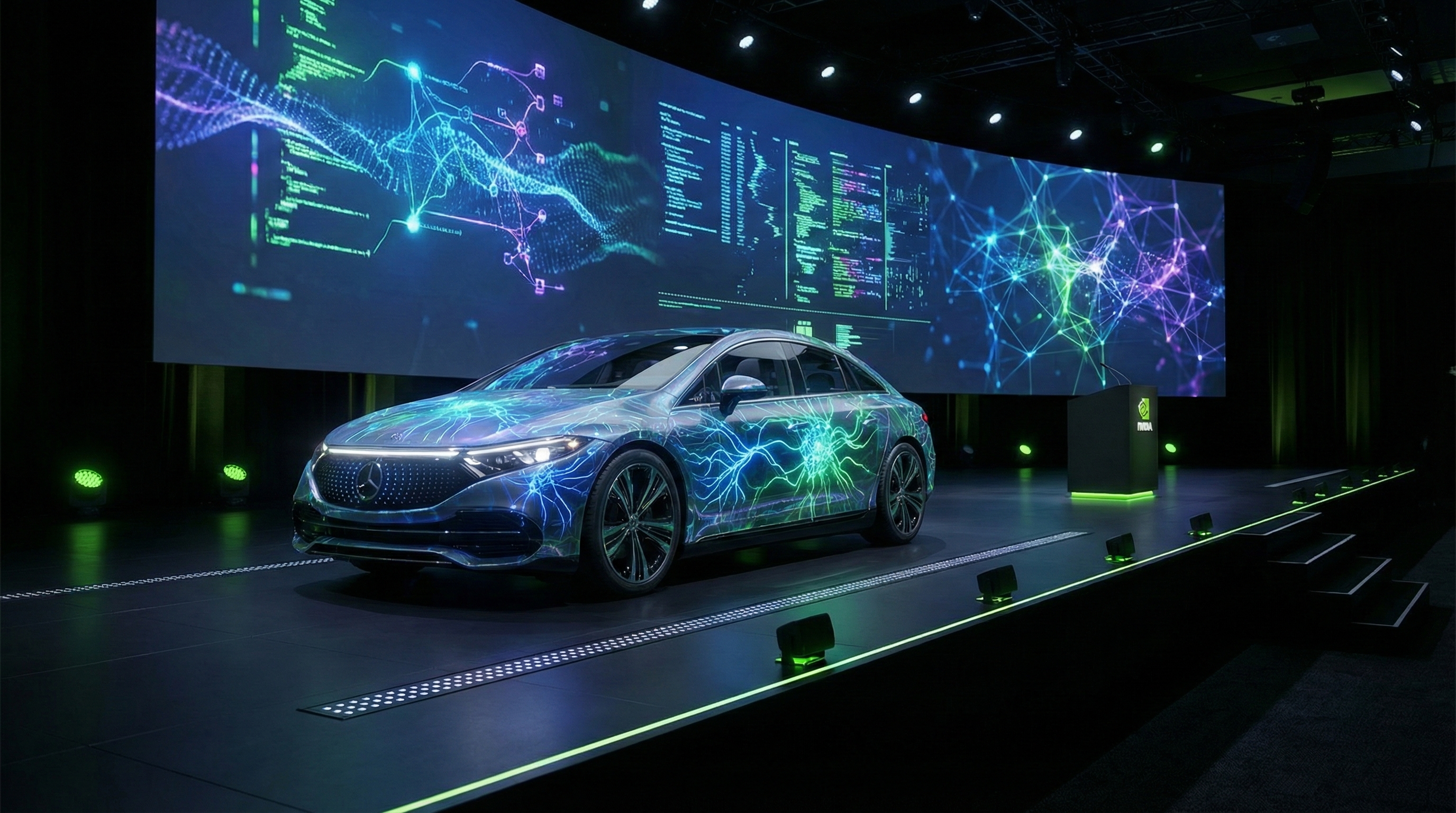 Nvidia CES 2026 keynote stage showing Jensen Huang presenting Physical AI and Alpamayo autonomous driving platform